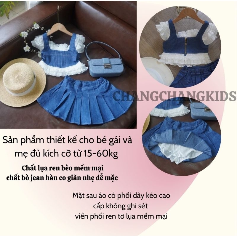 Sét váy jean bé gái Hàng Thiết Kế áo phối ren chân váy ngắn xếp li phù hợp cho mẹ và bé size 15 kg đến 60kg