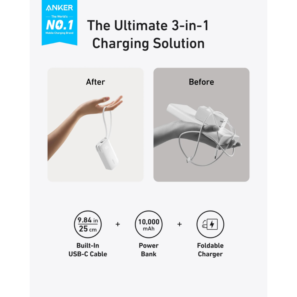 Sạc Dự Phòng Anker Fusion 10.000mAh 30w Tích Hợp Cáp + Sạc Tường - A1637 (Bảo Hành 18 Tháng) | BigBuy360 - bigbuy360.vn