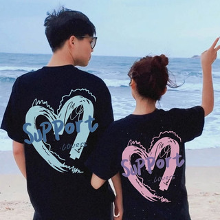 Set đồ đôi nam nữ áo thun mặc cùng người yêu trái tim suport unisex L66 form rộng có croptop cổ tròn tay lỡ [A127]