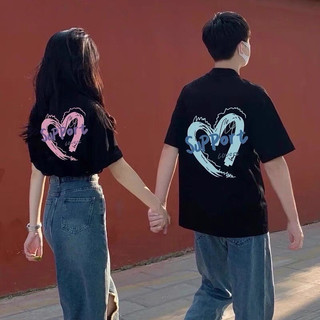 Set đồ đôi nam nữ áo thun mặc cùng người yêu trái tim suport unisex L66 form rộng có croptop cổ tròn tay lỡ [A127]