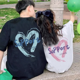 Set đồ đôi nam nữ áo thun mặc cùng người yêu trái tim suport unisex L66 form rộng có croptop cổ tròn tay lỡ [A127]