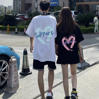 Set đồ đôi nam nữ áo thun mặc cùng người yêu trái tim suport unisex L66 form rộng có croptop cổ tròn tay lỡ [A127]