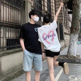 Set đồ đôi nam nữ áo thun mặc cùng người yêu trái tim suport unisex L66 form rộng có croptop cổ tròn tay lỡ [A127]