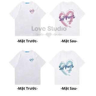 Set đồ đôi nam nữ áo thun mặc cùng người yêu trái tim suport unisex L66 form rộng có croptop cổ tròn tay lỡ [A127]