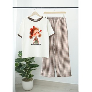 Sét đồ dài mặc nhà cho nữ in hình Bé Tóc Đỏ - JULY fashion2023, Đồ bộ mặc nhà, mặc đi chơi quần dài chất Cotton, Đũi mềm