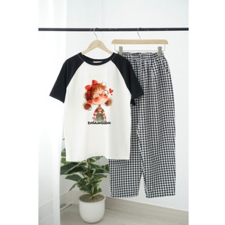 Sét đồ dài mặc nhà cho nữ in hình Bé Tóc Đỏ - JULY fashion2023, Đồ bộ mặc nhà, mặc đi chơi quần dài chất Cotton, Đũi mềm