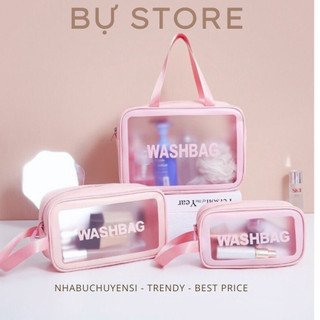 Set 3 túi trong suốt WASHBAG BỰ STORE màu hồng baby chống nước mang đi du lịch thoải mái