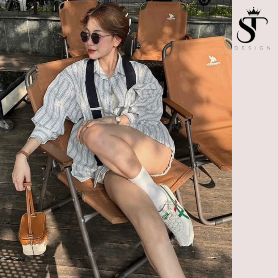 {ST Design} Áo sơ mi dài tay nữ kẻ sọc tặng kèm cà vạt - 01