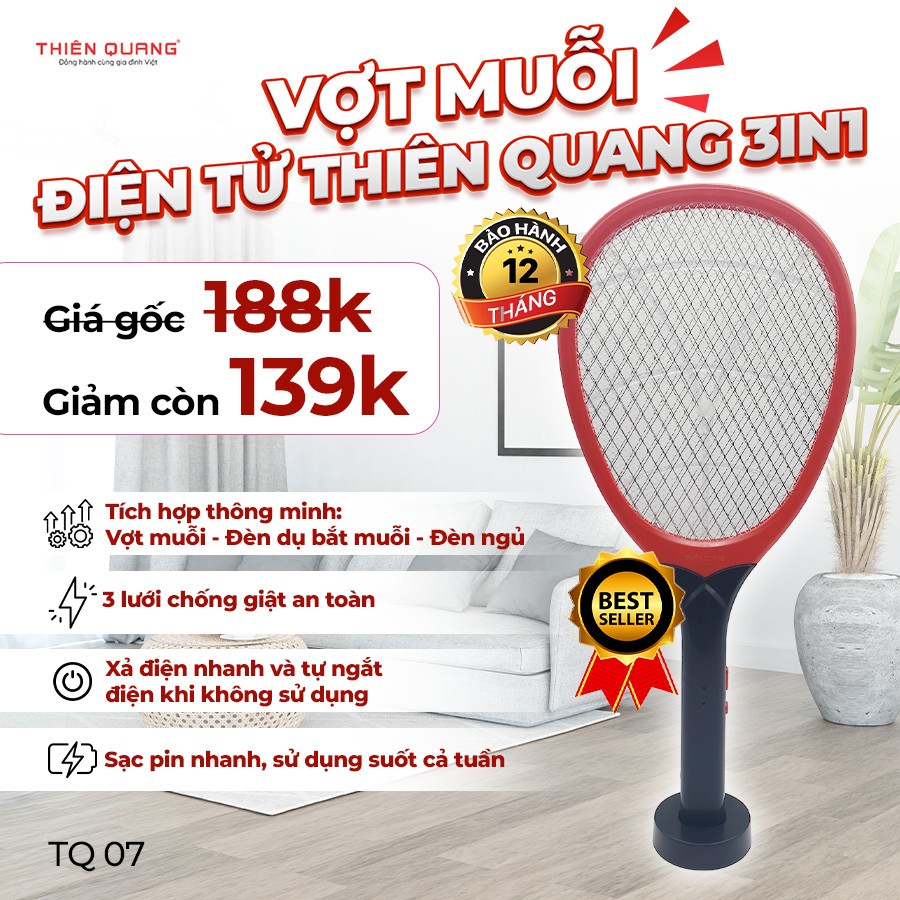Vợt muỗi thông minh tích hợp đèn bắt muỗi tự động 3 in 1, vợt muỗi Thiên Quang , kèm đèn ngủ