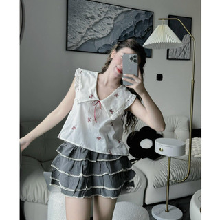 Set Bộ Đồ Nữ Áo Sát Nách Họa Tiết Nơ Phối Cổ Viền Bèo Nơ Đính Nổi Mix Chân Váy Xám Kaki Xếp Tầng Bèo Viền Ren Freesize