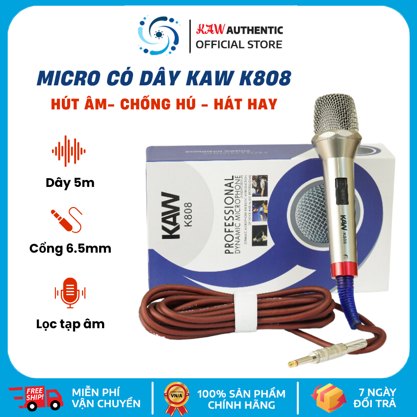 Micro Có Dây KAW K808 Hát Karaoke Cực Chuẩn, Hát Hay, Dây Dài 5M