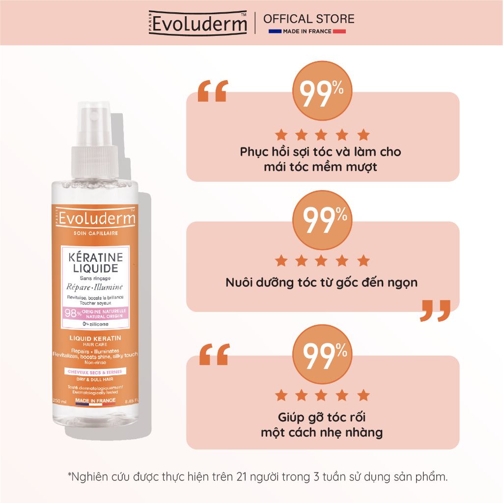 Xịt dưỡng tóc giúp nuôi dưỡng phục hồi độ bóng cho tóc khô và xỉn màu Evoluderm Brume Cheveur Keratine