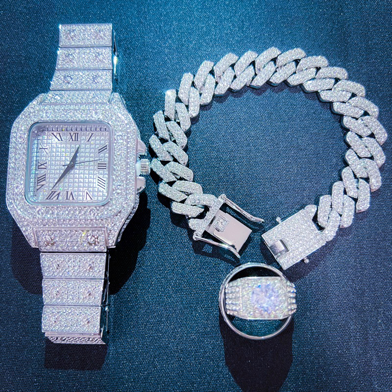 (4 MÓN) Combo đồng hồ lắc tay cuban đính đá màu bạc tặng kèm 2 nhẫn cao cấp - diamond watch B3