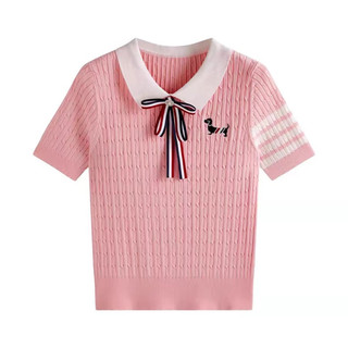 Áo polo cổ bẻ xoắn thừng hoạ tiết Thom sọc tay, tặng kèm nơ đính ngọc freesize 535