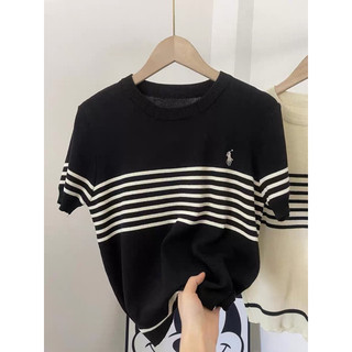 Áo len cộc tay cổ tròn kẻ ngang hoạ tiết ngựa thêu ngực polo free size 536