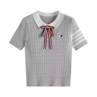 Áo polo cổ bẻ xoắn thừng hoạ tiết Thom sọc tay, tặng kèm nơ đính ngọc freesize 535