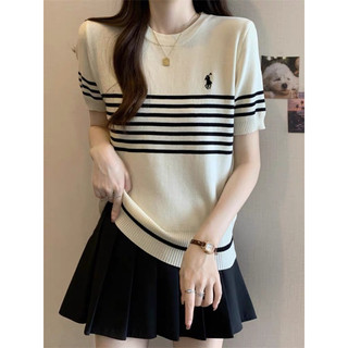 Áo len cộc tay cổ tròn kẻ ngang hoạ tiết ngựa thêu ngực polo free size 536