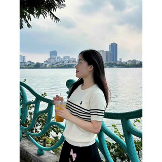 Áo len cộc tay cổ tròn kẻ ngang hoạ tiết ngựa thêu ngực polo free size 536