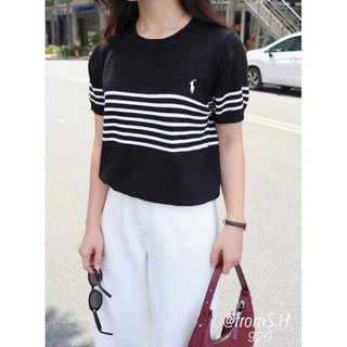 Áo len cộc tay cổ tròn kẻ ngang hoạ tiết ngựa thêu ngực polo free size 536