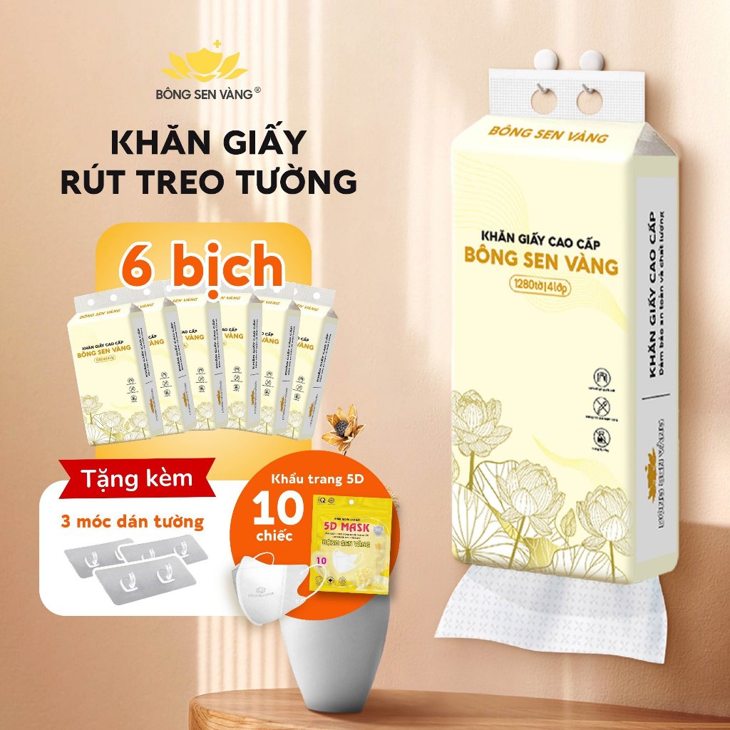 Thùng 6 bịch khăn giấy rút Bông Sen Vàng (tặng 3 móc treo),thương hiệu ...