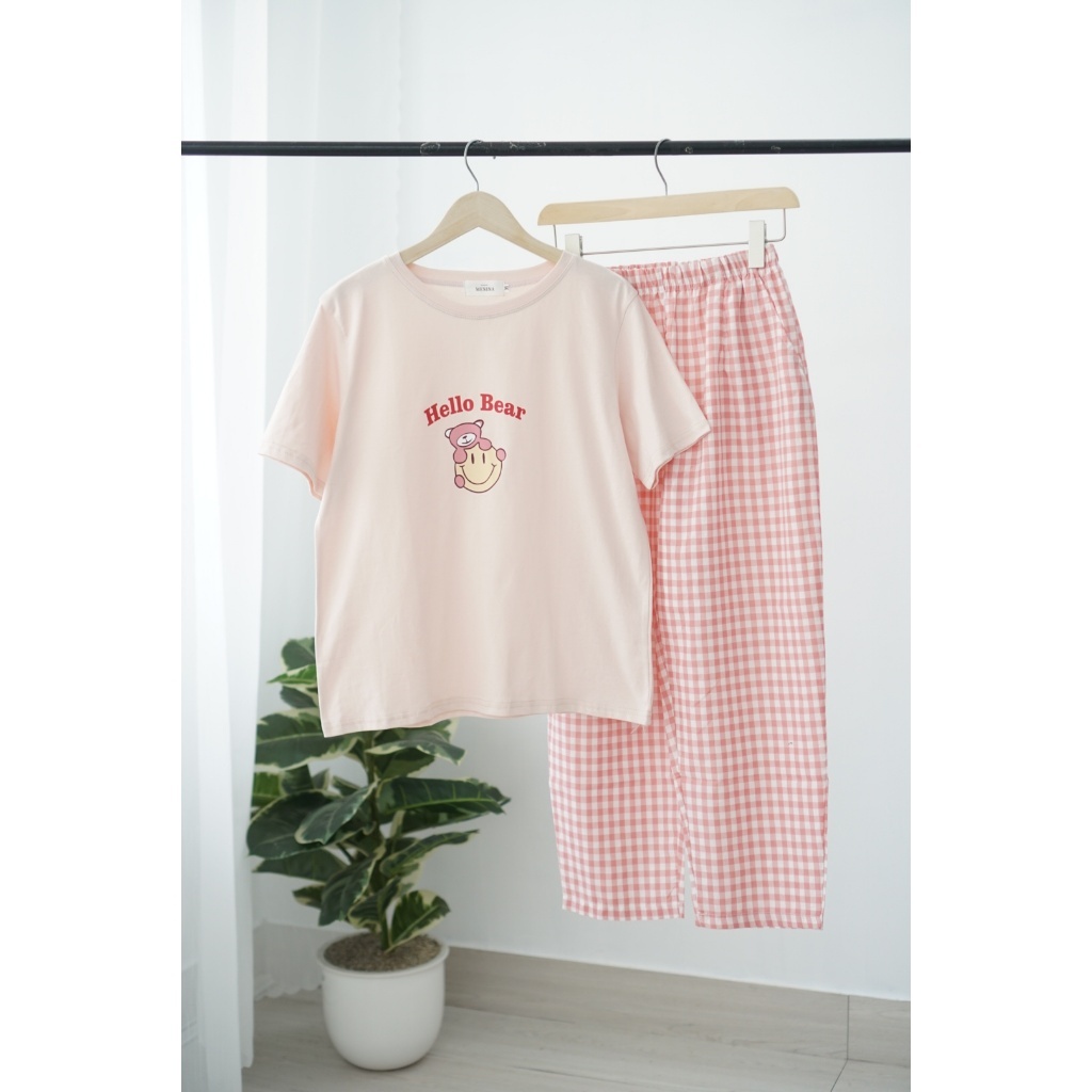 Sét đồ nữ quần dài kẻ caro dáng baggy, áo thun cotton in hình, sét đồ mặc nhà, đi chơ MENINA