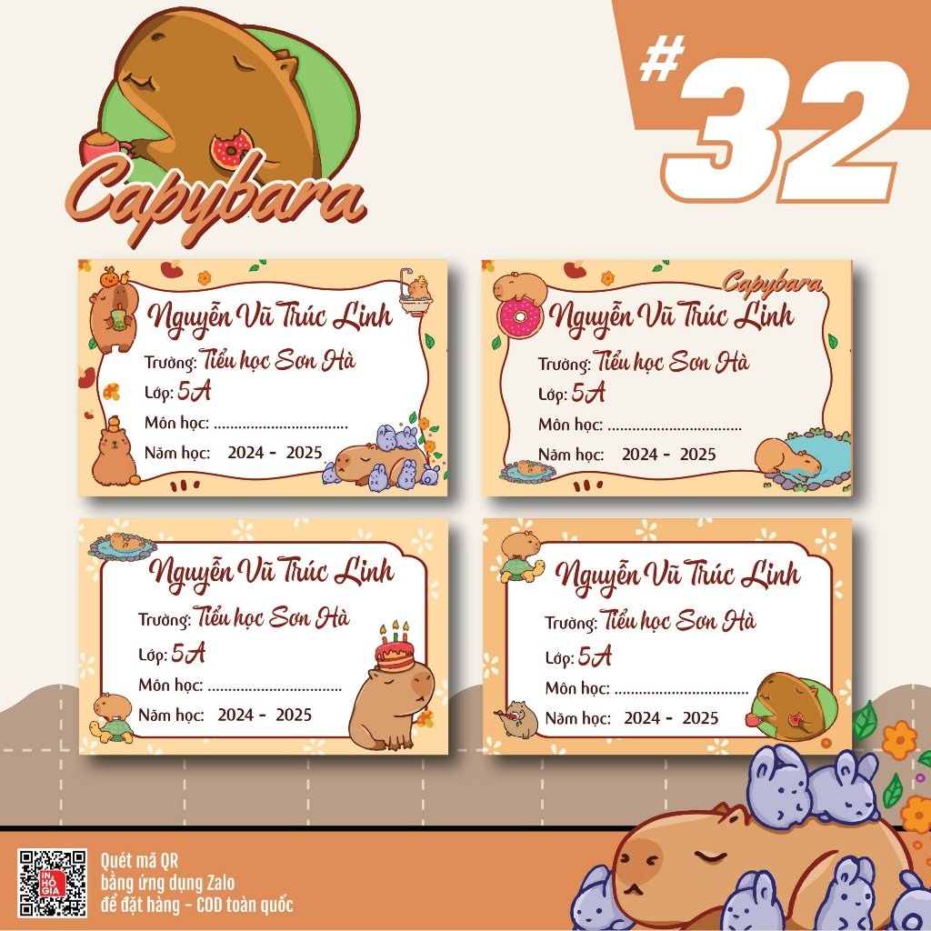 Nhãn vở, sticker in tên bé theo yêu cầu chủ đề các nhân vật Capybara ...