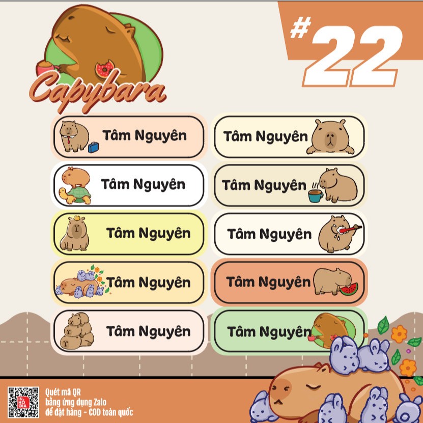 Nhãn vở, sticker in tên bé theo yêu cầu chủ đề các nhân vật Capybara ...