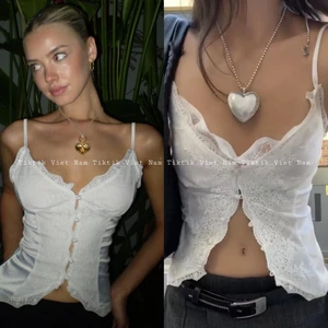 Áo hai dây sát nách màu trắng trơn cổ V viền ren khuy cài chất liệu satin nữ tính AHD001- Tiktik