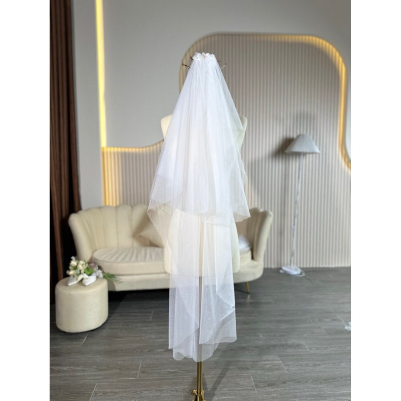 Voan cô dâu đính hoa cài tóc 2 tầng-VN188
