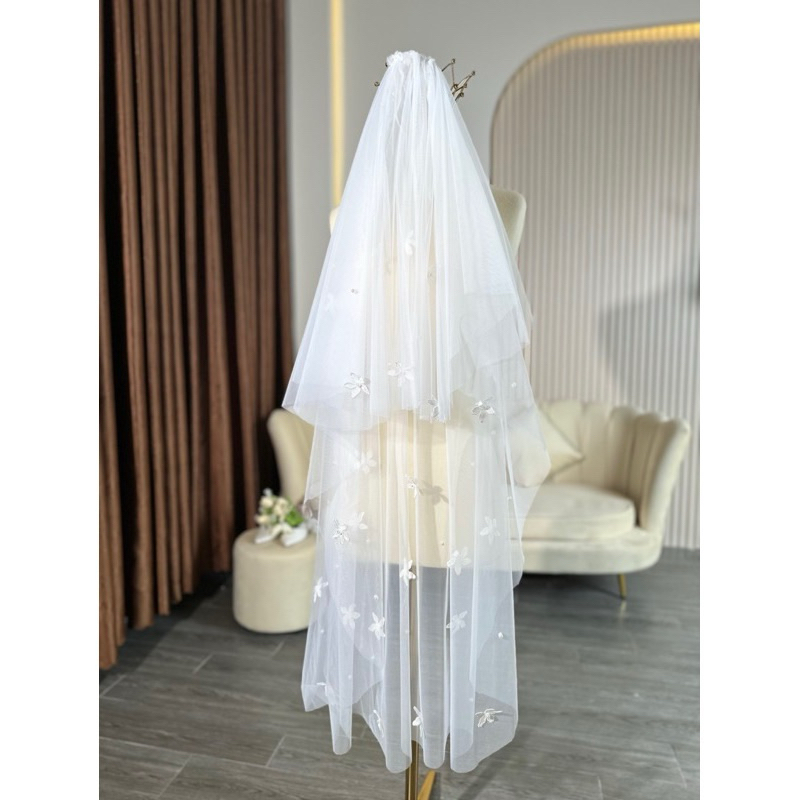 Voan cô dâu đính hoa cài tóc 2 tầng-VN188
