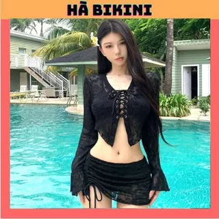 Bikini đồ bơi biển bốn chi tiết áo có mút áo KHOÁC ĐAN DÂY phối váy rút dây sẵn chip sang xịn HÀ BIKINI