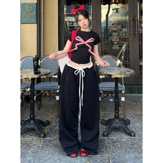 Quần dài ống rộng,quần dài cạp viền trắng dây rút BOW PANTS cá tính chất liệu thoáng mát phong cách cá tính