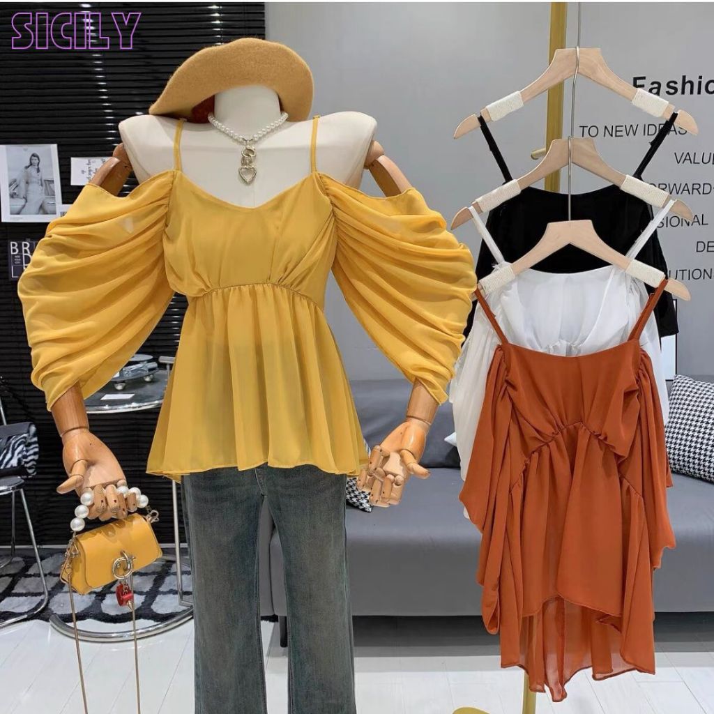 Áo sơ mi tay dài trễ vai Sicily hai dây voan dáng xuông SMTV707