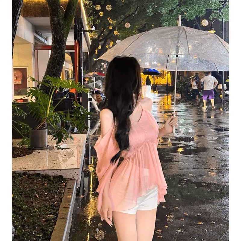 Áo sơ mi tay dài trễ vai Sicily hai dây voan dáng xuông SMTV707