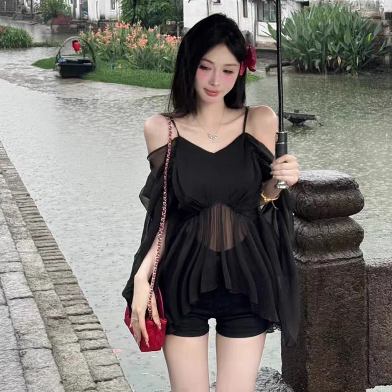 Áo sơ mi tay dài trễ vai Sicily hai dây voan dáng xuông SMTV707