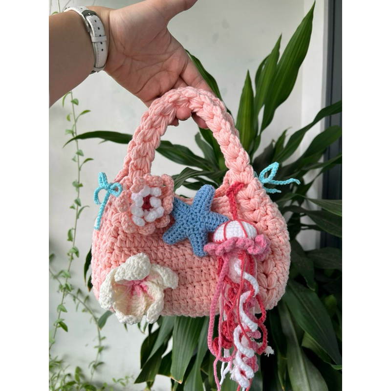 túi len handmade đi biển (đã bao gồm hoa sứ, nơ, sao biển, sứa biển ...