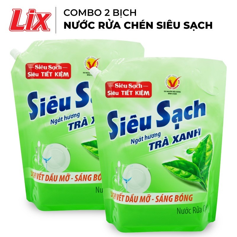 Ảnh Combo 2 túi Nước rửa chén LIX 7KG siêu sạch hương trà xanh loại túi 2C-N8101 làm sạch vết bẩn dầu mỡ không hại da tay 2