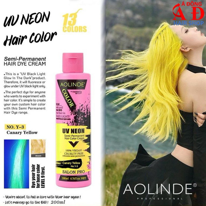 Màu vàng nhuộm tóc Semi UV Neon Không Amoniac trên nền tóc tẩy Level 9 - Canary Yellow Aolinde 200ml