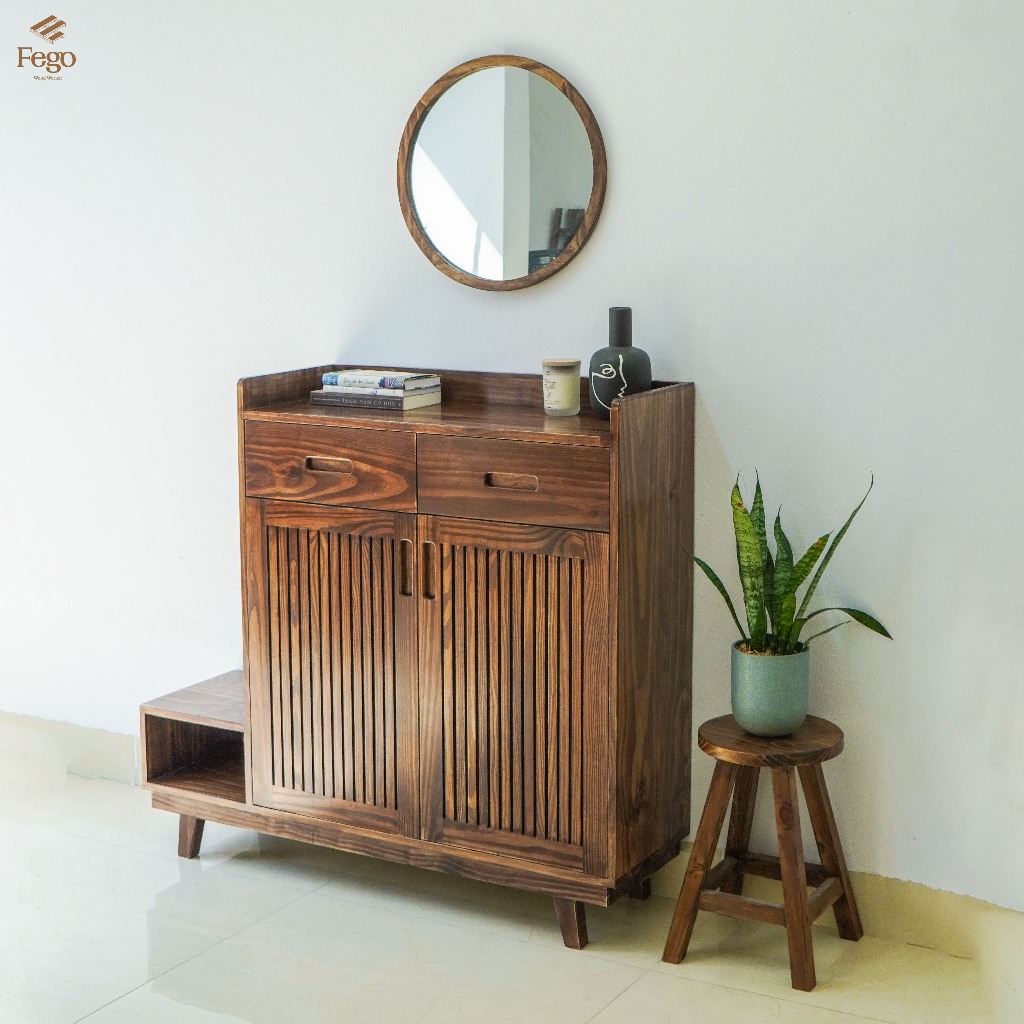 Ảnh Gương tròn viền gỗ tự nhiên FEGO cho bàn trang điểm, nhà tắm, decor quán cafe 4