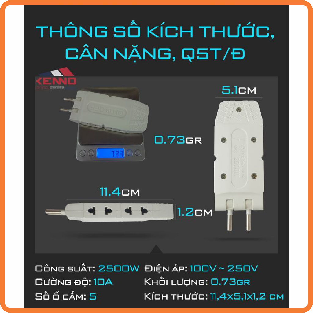 Phích cắm điện thông minh Kenno, đầu nối siêu gọn 1 ra 3 Q3 chịu tải 2500W màu trắng