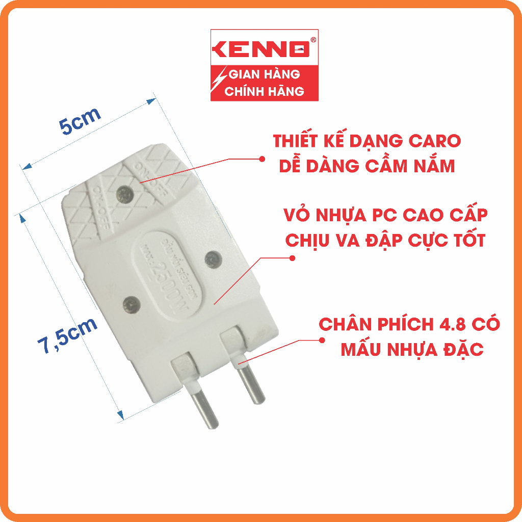 Phích cắm điện thông minh Kenno, đầu nối siêu gọn 1 ra 3 Q3 chịu tải 2500W màu trắng