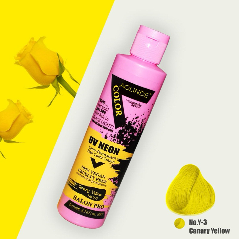 Màu vàng nhuộm tóc Semi UV Neon Không Amoniac trên nền tóc tẩy Level 9 - Canary Yellow Aolinde 200ml