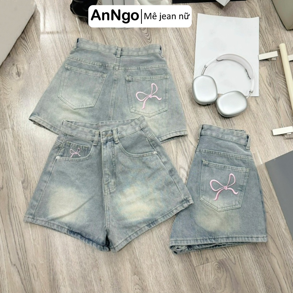 (Có big size) Quần short jean nữ lưng cao chất denim không co giãn thêu nơ túi trước sau  Anngo - AT479