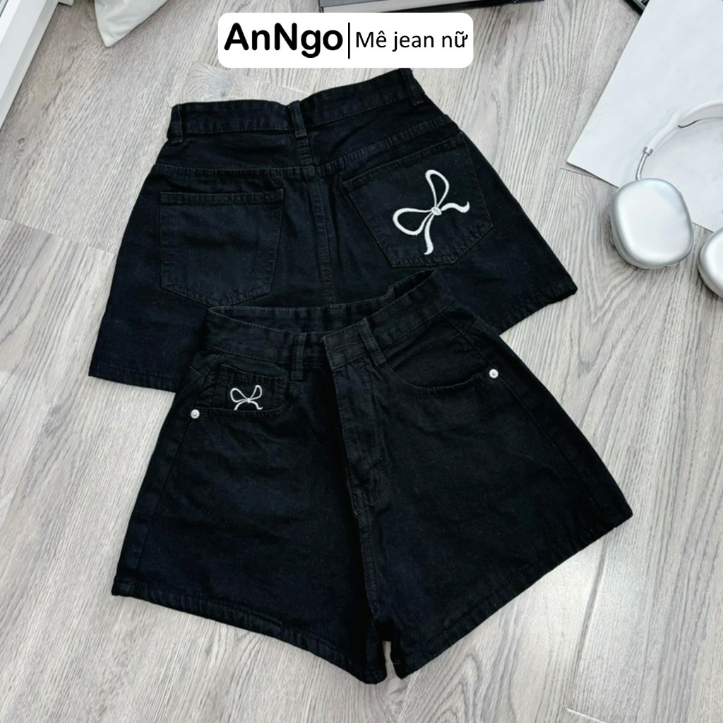 (Có big size) Quần short jean nữ lưng cao chất denim không co giãn thêu nơ túi trước sau  Anngo - AT479