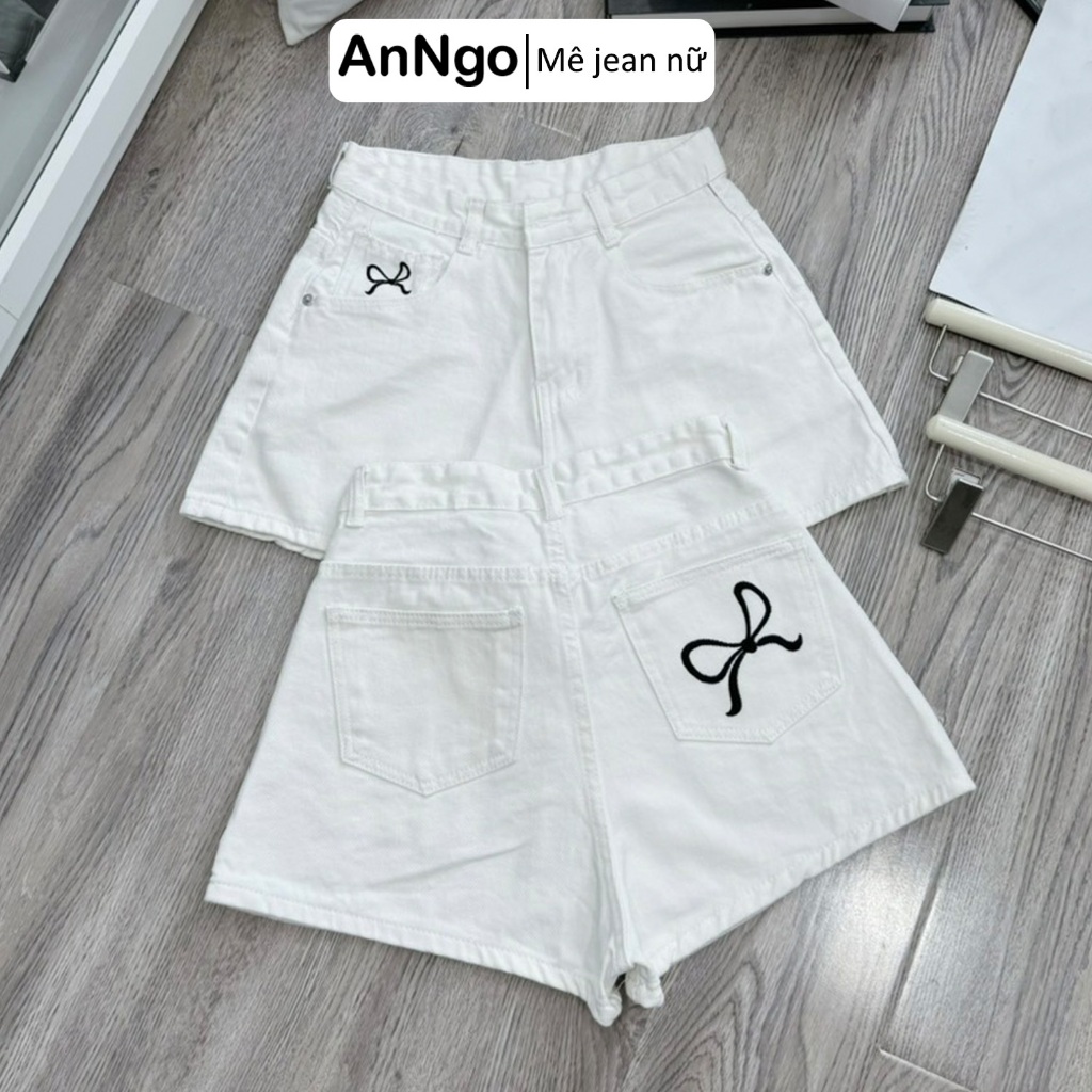 (Có big size) Quần short jean nữ lưng cao chất denim không co giãn thêu nơ túi trước sau  Anngo - AT479