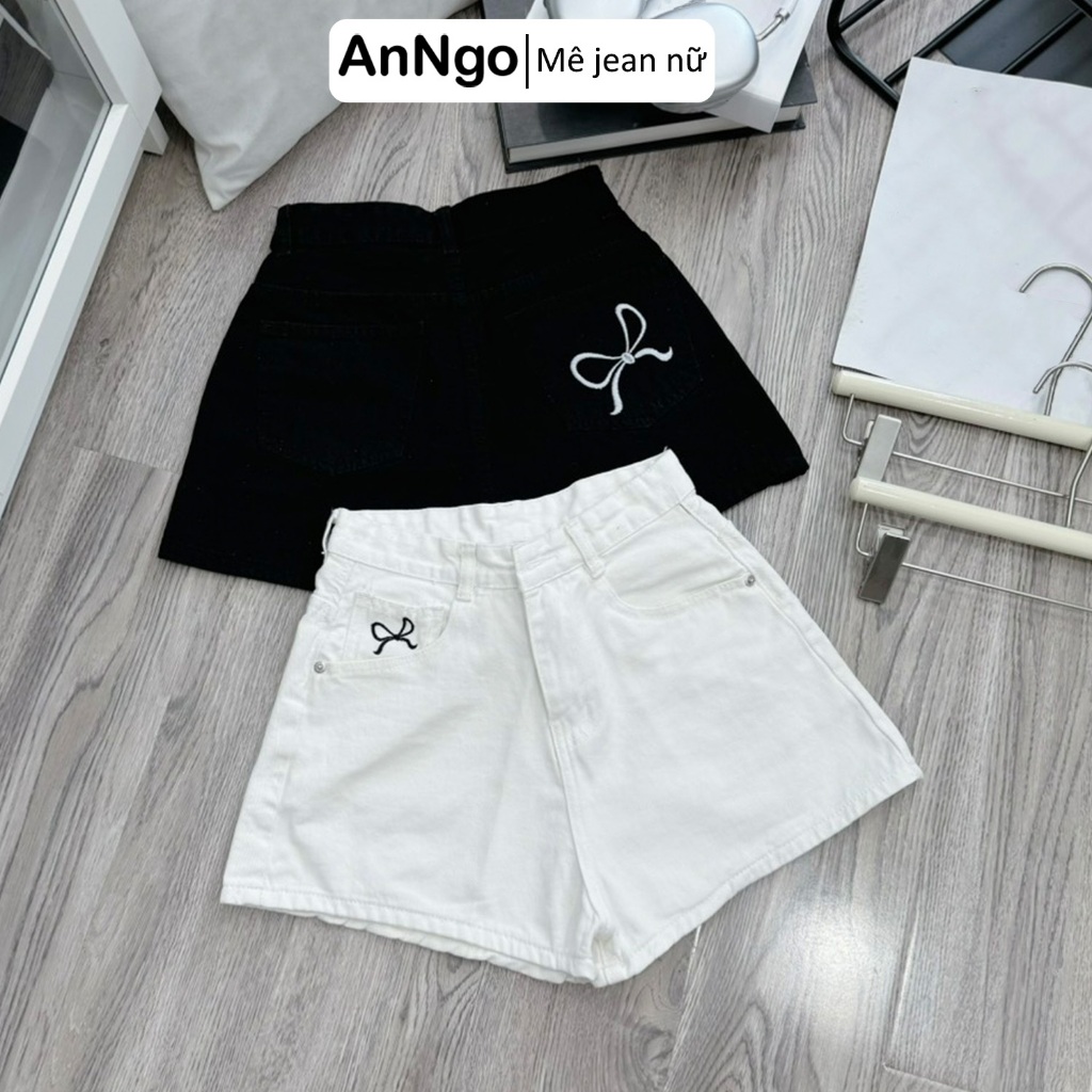 (Có big size) Quần short jean nữ lưng cao chất denim không co giãn thêu nơ túi trước sau  Anngo - AT479