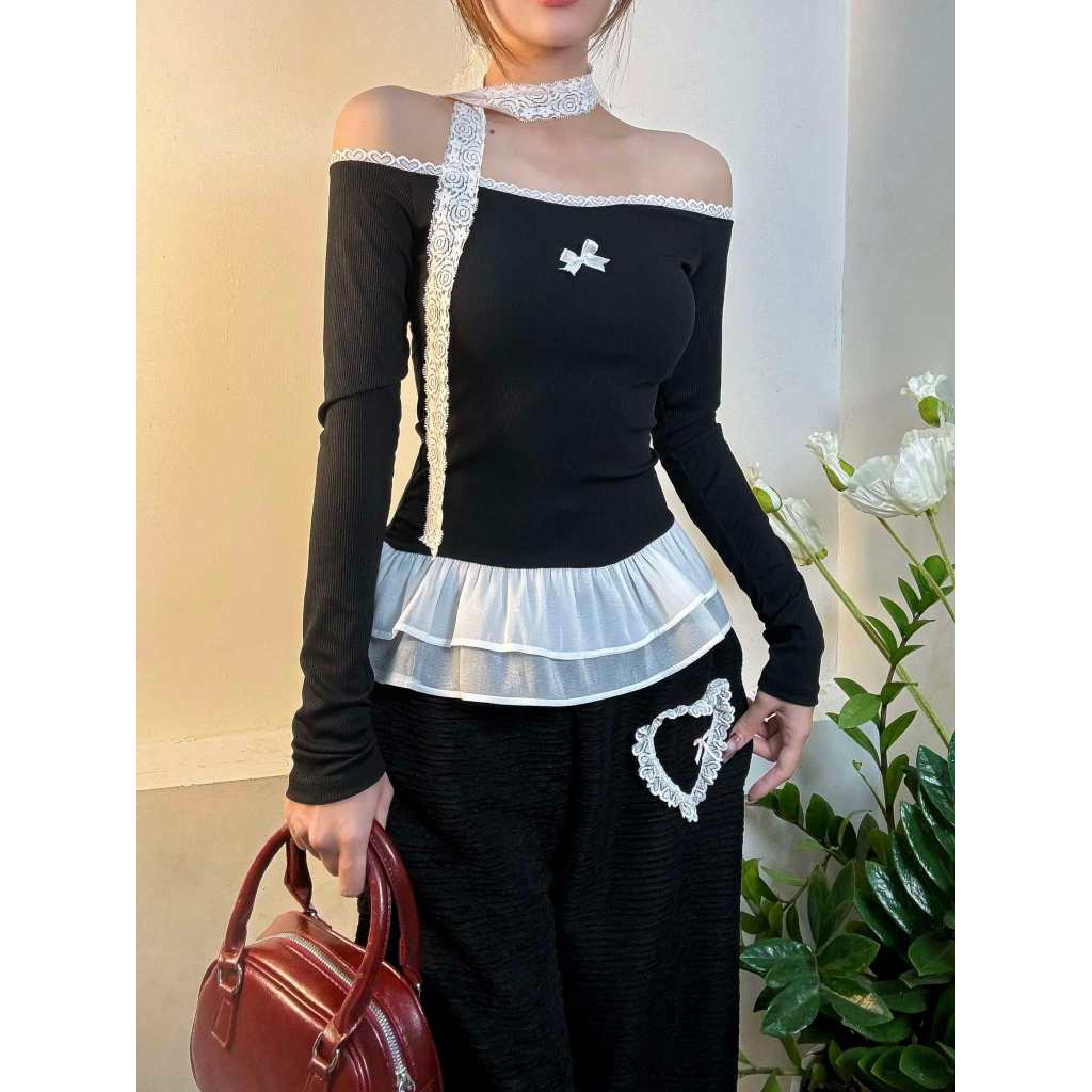 [TẶNG KHĂN REN ]  Áo body nữ kiểu Trễ vai Phối Voan form ôm body tôn dáng FFCLUB mix