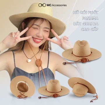 Mũ Cói Rộng Vành Phối Dây Da JCT07 MC Accessories Kiểu Nón Cói Cowboy Rộng Vành Che Nắng Đóng Hộp To Giữ Form