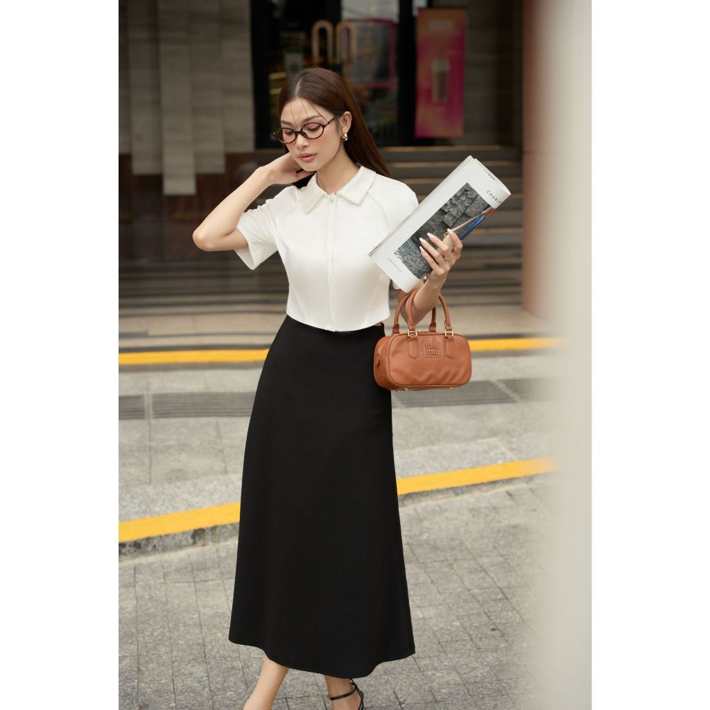 Vella Fashion set áo sơ mi croptop nữ tay ngắn kèm váy midi VA24052 VV24053