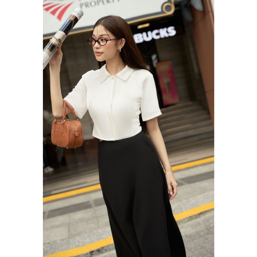 Vella Fashion set áo sơ mi croptop nữ tay ngắn kèm váy midi VA24052 VV24053
